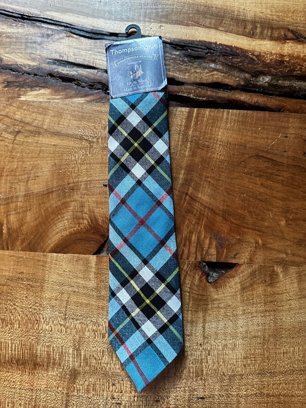 Thompson Teal Blue Plaid Wool Tie with Black and Red Accents